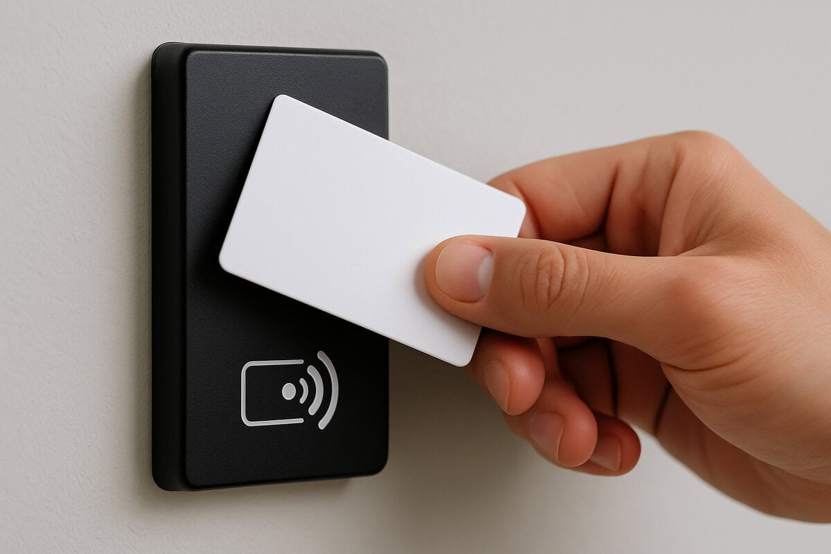 Hand holding an RFID badge near a black reader.