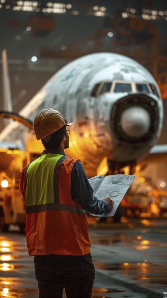 Engineer inspecting aircraft on tarmac at night