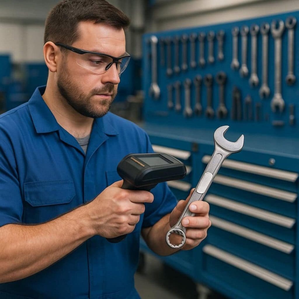 Technician scanning RFID tagged tools in MRO workshop
