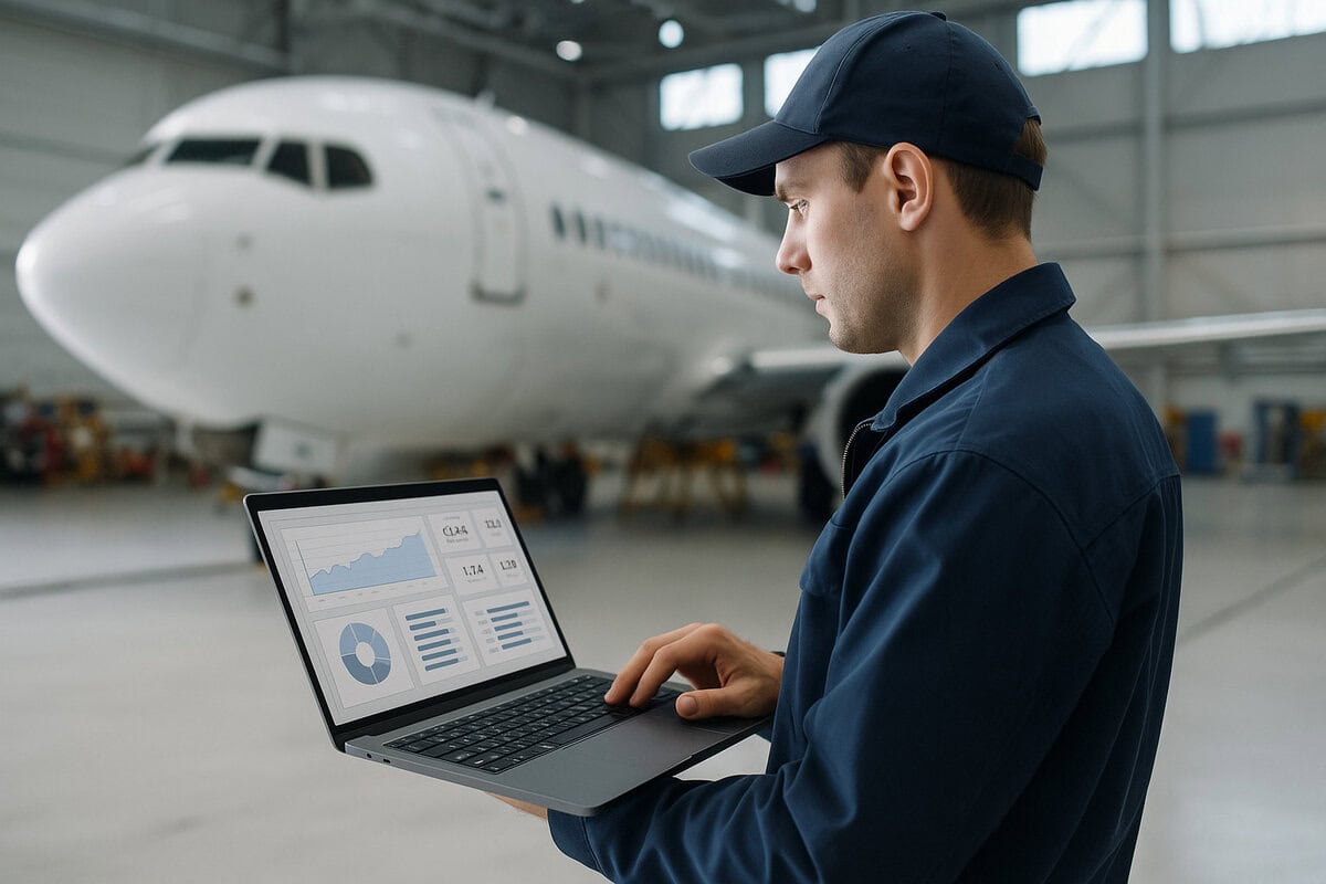 Technician checking MRO software connected and synchronized with tool control software