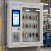 Armoire à clés électronique NEXCAP® KeyCab fixée sur un pilier dans un atelier industriel
