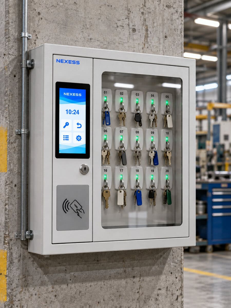 Armoire à clés électronique NEXCAP® KeyCab fixée sur un pilier dans un atelier industriel