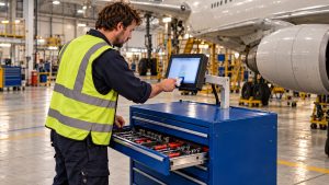 Technician badging in on an RFID tool trolley touchscreen before taking a tool in an aircraft maintenance hangar