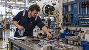 Technicien de maintenance aéronautique cherchant un outil sur son établi dans un hangar