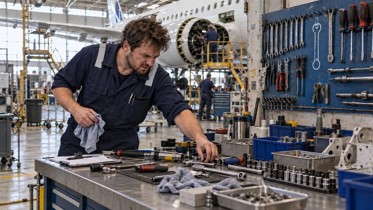 Technicien de maintenance aéronautique cherchant un outil sur son établi dans un hangar